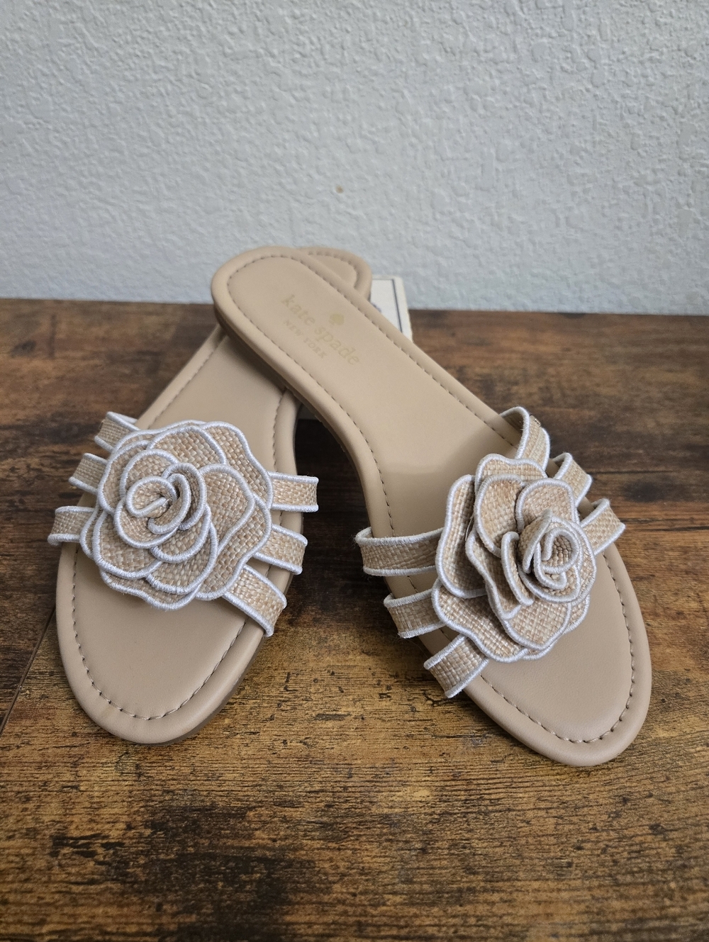 kate spade beige floral slide sandals with rosette detail